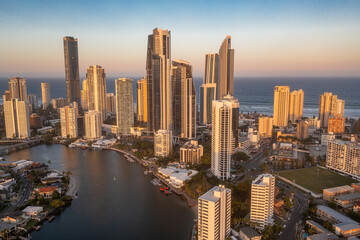 Fototapeta na wymiar Ocean landscape with modern skyscrapers. Tourism. Surfers Paradise, Gold Coast, Queensland Australia