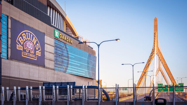 Boston in Massachusetts, USA showcasing the Zakim Bridge by the TD Garden.