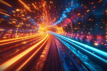 Abstract background with Orange and blue glowing neon light lines and futuristic.  High speed train on road. Technology concept