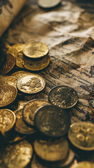 A pile of gold coins on the background of an old map