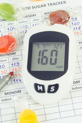Glucose meter, candies and medical form. Measuring and checking sugar level