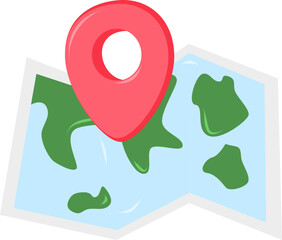 Map with pin. Red direction pointer on folded city map, gps navigation and travel locati on vector position search sticker 3d icon
