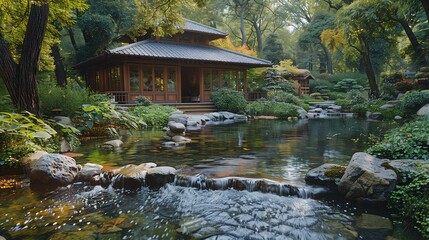 Fototapeta na wymiar Traditional Japanese Garden with Wooden Pavilion and Pond
