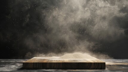 A wooden board with dust effects on a black background. Illustration of flour floating in the air over a brown wood table in the foreground, kitchen interior design element, empty shelf mockup with
