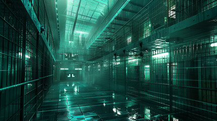 Futuristic prison interior with high-tech security and dramatic lighting - obrazy, fototapety, plakaty