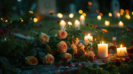 Candles and flowers on the grave. Cemetery in the background