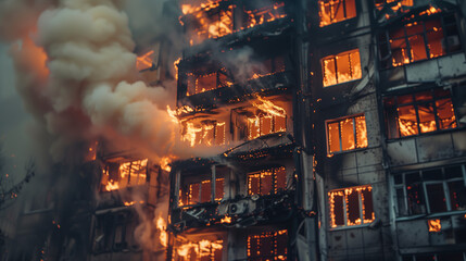 Intense apartment fire raging with fierce flames.