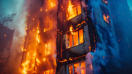 Intense apartment fire raging with fierce flames. - obrazy, fototapety, plakaty