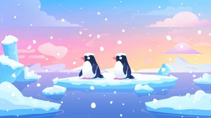 An arctic landscape with penguins perched on ice floes floating on cold water surface, with snow falling from blue and pink skies. Modern illustration of antarctic birds.