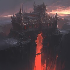 Stunning Gothic Fortress Perched on Rocky Cliffs over Glowing Magma Lake - obrazy, fototapety, plakaty