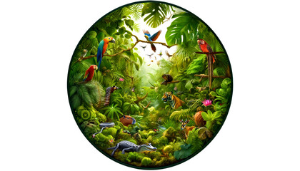This circular frame showcases a richly detailed rainforest scene, featuring vibrant birds and lush greenery, celebrating the vitality of natural habitats. International Day for Biological Diversity - 791871044