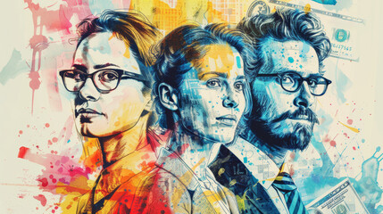 Colorful collage of three office workers in artistic sketch style
