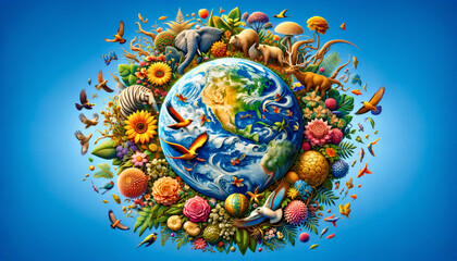 International Day for Biological Diversity. A delightful scene where the blue planet is hugged by elements of nature under a clear sky, symbolizing the balance between Earth and its atmosphere