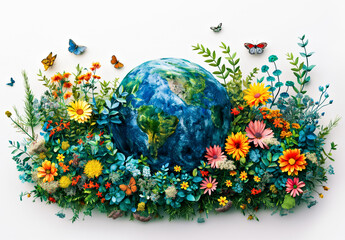 Global Biodiversity: Earth's Floral and Faunal Harmony. Flowery and diverse world map with a variety of animals and plants.International Day for Biological Diversity 22 may - 791871078