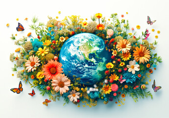 Global Biodiversity: Earth's Floral and Faunal Harmony. Flowery and diverse world map with a variety of animals and plants.International Day for Biological Diversity 22 may