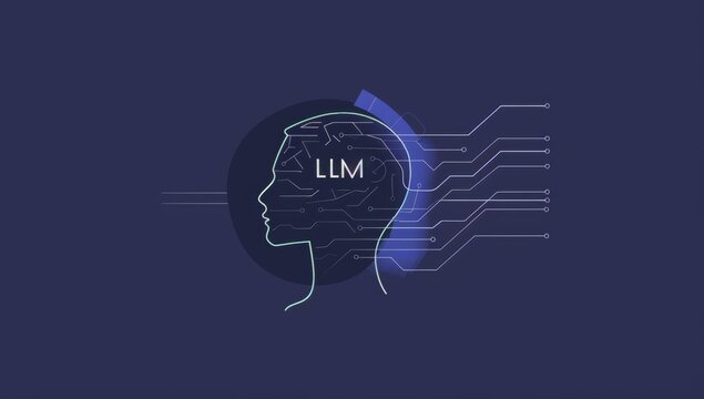 AI head with the letters "LLM" The background is dark blue, with circuit patterns on it A white glowing line wrapped around part of his hair Generative AI