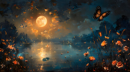 Obraz na płótnie Canvas Ethereal Nocturne: Moonlit Garden with Illuminated Butterfly and Reflective Petals