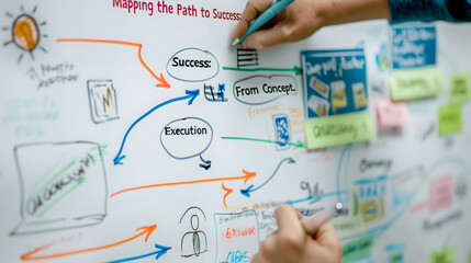 A person sketching out business ideas on a whiteboard, with arrows connecting different concepts, illustrating the process of idea generation and refinement