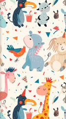 Colorful illustration of assorted animals with party hats and decorations on a cream background