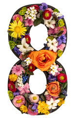 Number 8 made of real natural flowers and leaves on white background isolated.