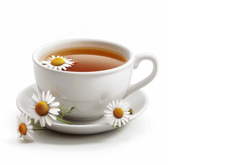 Aromatic chamomile tea in a delicate white cup surrounded by flowers