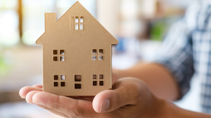 Hand holding a cardboard house model, blurred home background.