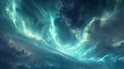Polar aurora, night sky abstract, wide angle, green and blue hues for ethereal wallpaper - obrazy, fototapety, plakaty