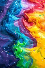 Rainbow paint swirls, fluid art style, high detail, bright colors for vibrant background