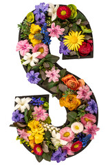 Letter S made of real natural flowers and leaves on white background isolated.