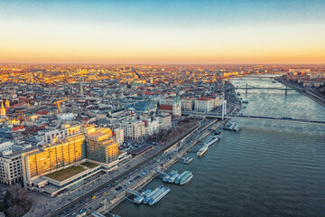Hungary is popular tourist destination for romantic trips. Budapest dusk Danube river and bridge.
