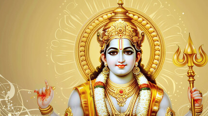 Vibrant illustration of Lord Rama with a bow, arrow, and trident during Shree Ram Navami