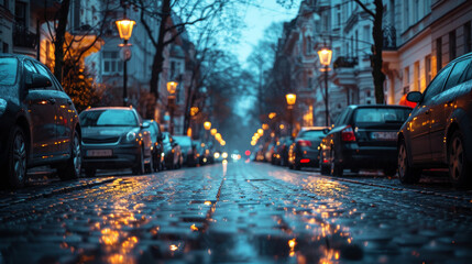 Wet city street at dusk with glowing street lamps and lined cars