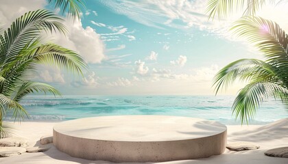 Fototapeta premium Marble podium for product display and presentation. Summer beach mockup with white sand, palm trees and ocean background - Generative AI