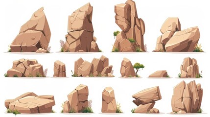 An isolated rocky stone set against a white background. Illustration of cracked sandstone boulders, mountain landscape design elements, wild west canyon terrain, isolated on white background.