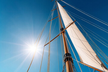 Bottom view mast boat against sky with cumulus clouds in sea. Mast of sailing yacht with ropes...