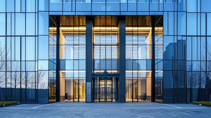 Modern empty glass buildings, offices with big windows, reflecting. Futuristic outdoor exterior in the sunset