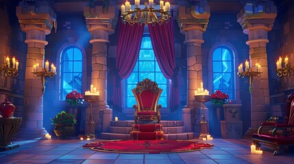 Obraz premium An interior scene from a castle hall room with the throne of the king, as well as a carpet and curtain, stone columns, a chandelier, candlesticks in vases, and roses arranged on the table.