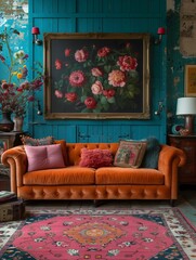 Vintage-Styled Interior with Orange Sofa and Floral Decor