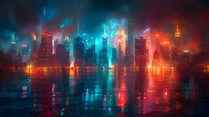 Fototapeta premium A city skyline during a fireworks festival, using HDR to capture the explosion of colors and the reflections on the buildings