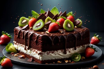 chocolate cake with strawberries, cottage cheese, fruits