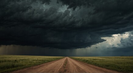 sunset over the field, landscape, Dirt road with dark storm clouds, green, black cloud, road, clouds on the road