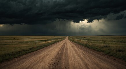 sunset over the field, landscape, Dirt road with dark storm clouds, green, black cloud, road, clouds on the road