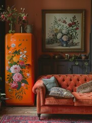 Vintage Style Interior with Floral Decorated Refrigerator and Leather Sofa