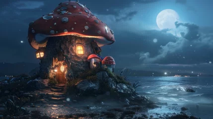 Poster A cartoon fantasy mushroom house of an elf on the seashore under moonlight. A tiny gnome house made out of fungus, with lights in the windows. © Mark