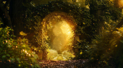 Enchanted Archway Amidst a Luminous Autumnal Forest. - 791873431