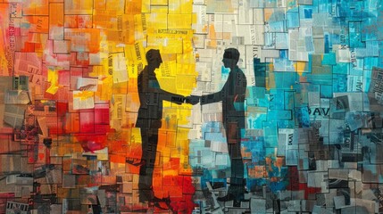 Obraz premium Marketing communication concept. Silhouette of business persons shaking hands. Business people handshake in colorful newspaper scraps style.