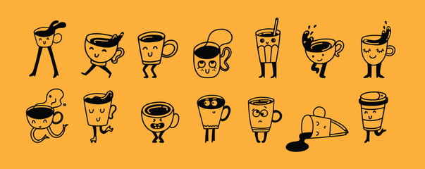 Set of retro doodle funny characters posters. Vintage drink vector illustration. Latte, cappuccino, coffee cup mascot. Nostalgia 60, 70s, 80s. Print for cafe