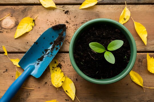 Rustic wooden surface with yellow leaves, blue gardening trowel, green bowl with plant sprouting