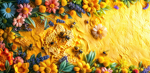 May 20, World bee day. A lively swarm of bees is illustrated in a sea of vibrant flowers and honeycomb, celebrating the beauty and importance of pollination