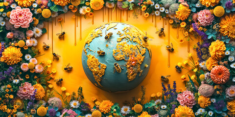 Bees around a floral globe, symbolizing global biodiversity and the essential role of pollinators in our ecosystem. May 20, World bee day concept - 791873808